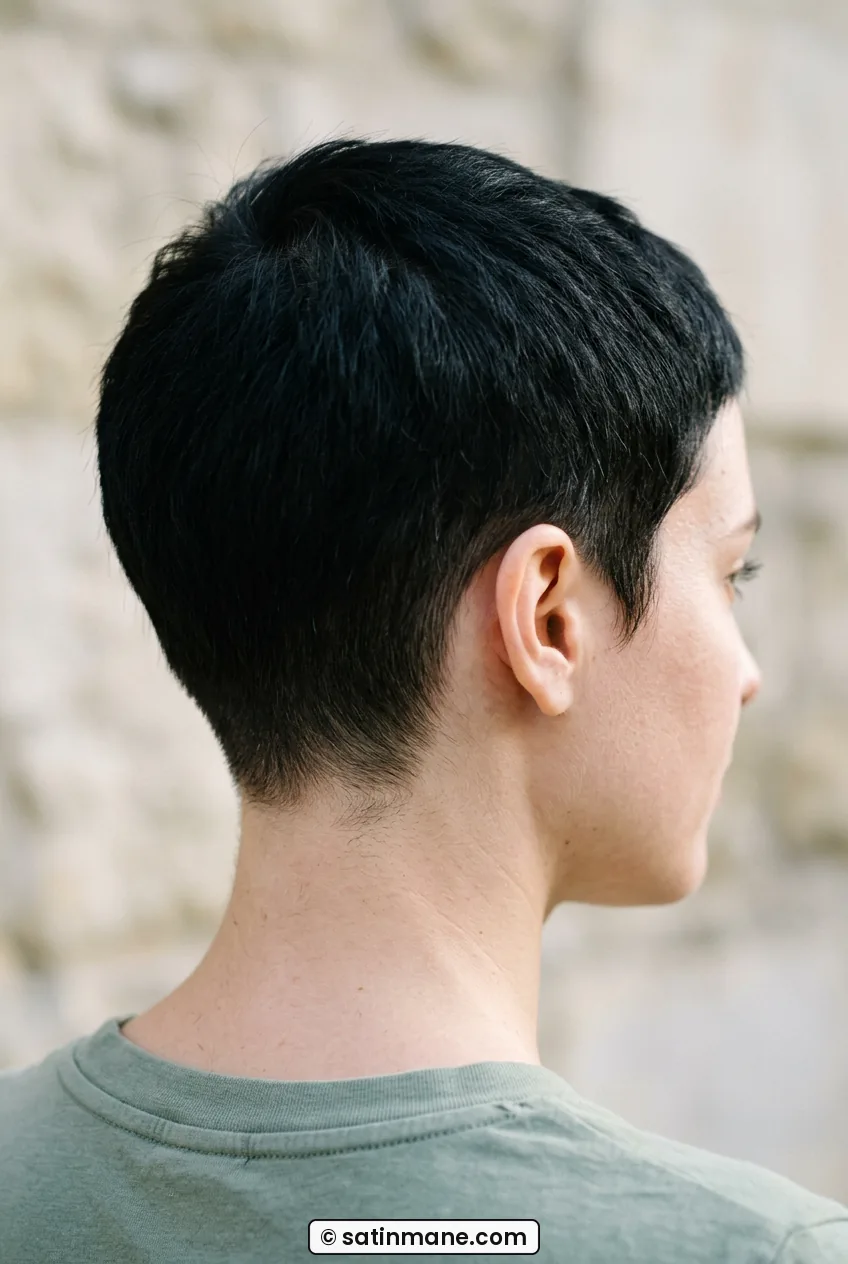 Woman with black skin-faded pixie showing tight taper at the nape from side