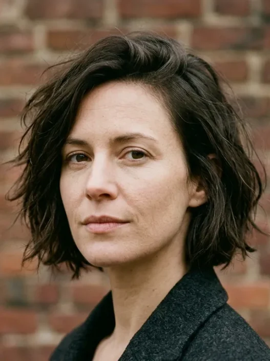 Woman with tousled chin-length bob in three-quarter view against brick wall in daylight