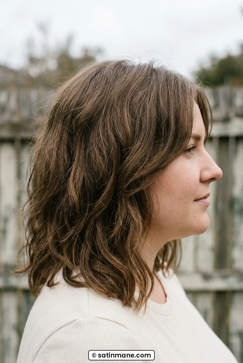 Woman in profile showing soft cheek-skimming layers on wavy shoulder grazing hair