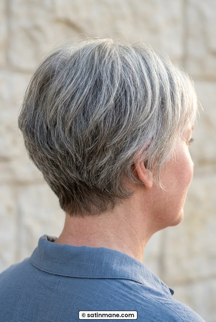 Woman with silver grow-out pixie showing fuller soft nape touching the collar