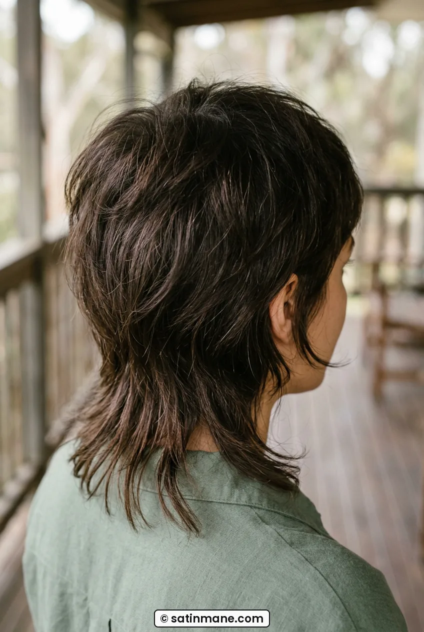Woman showing tapered back view of short mullet-inspired shag haircut