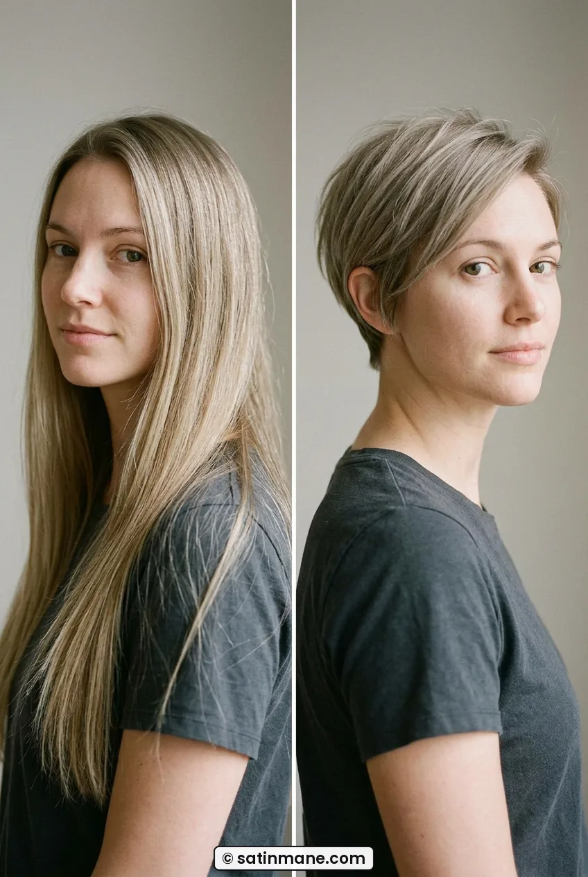 Woman with soft pixie-bob hybrid swept to side showing tapered nape over shoulder