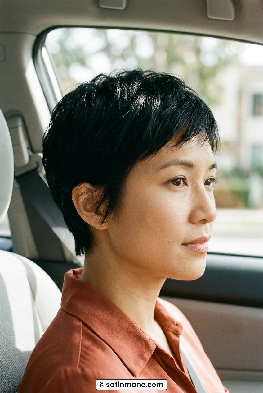 Woman with soft pixie and long textured top feathered around ears