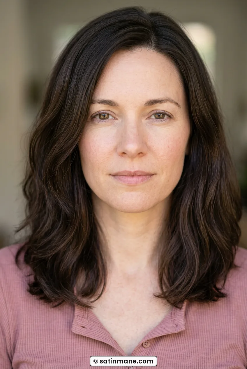 Close portrait of woman with damp mid-length hair in soft side part indoors