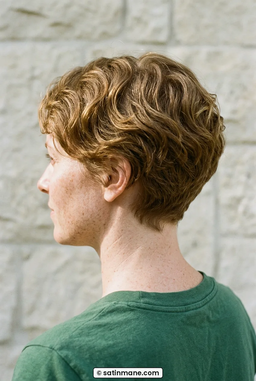 Woman with golden brown wash-and-go pixie showing soft natural scissor cut nape
