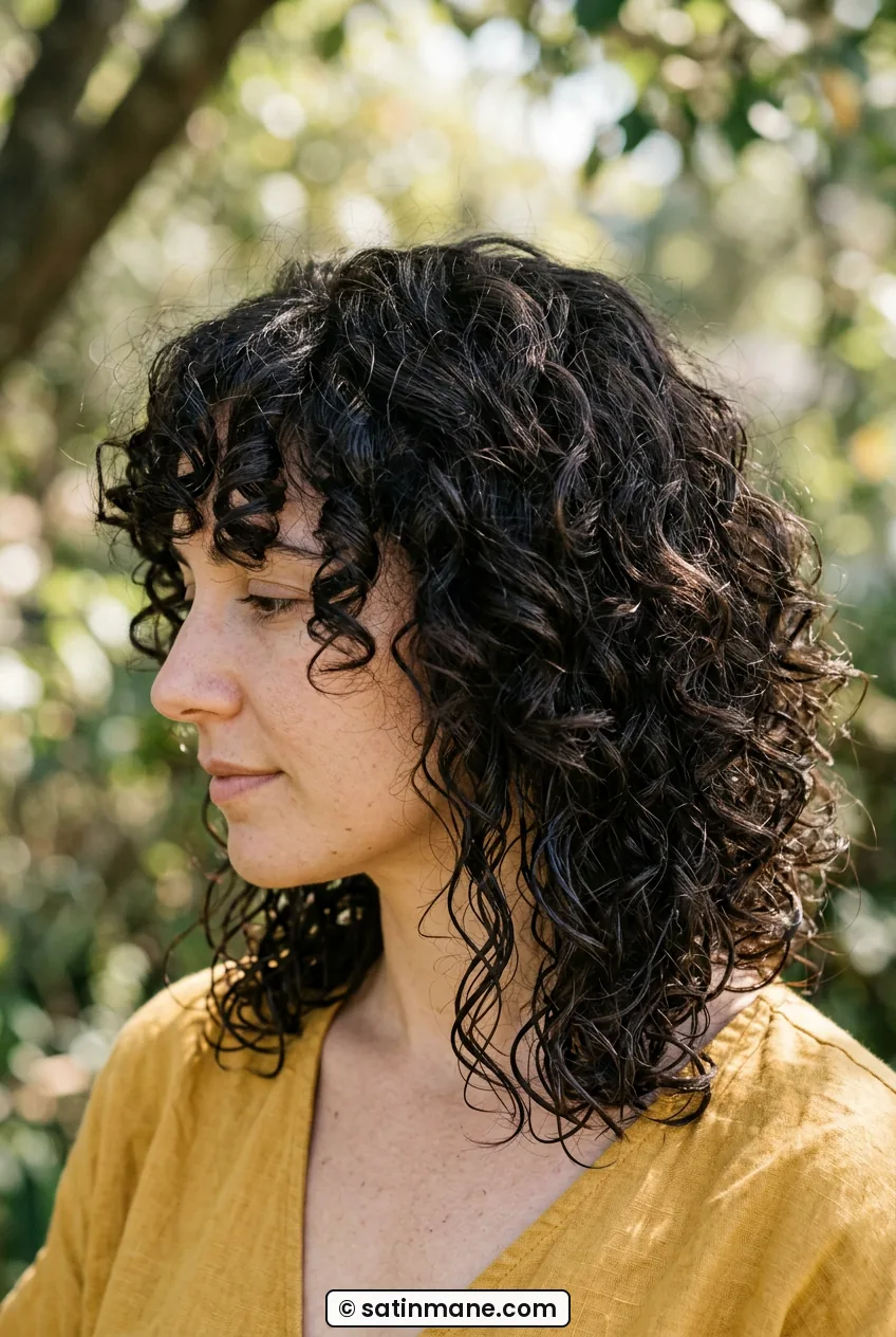 Woman in side profile with stacked espresso curly lob above chin
