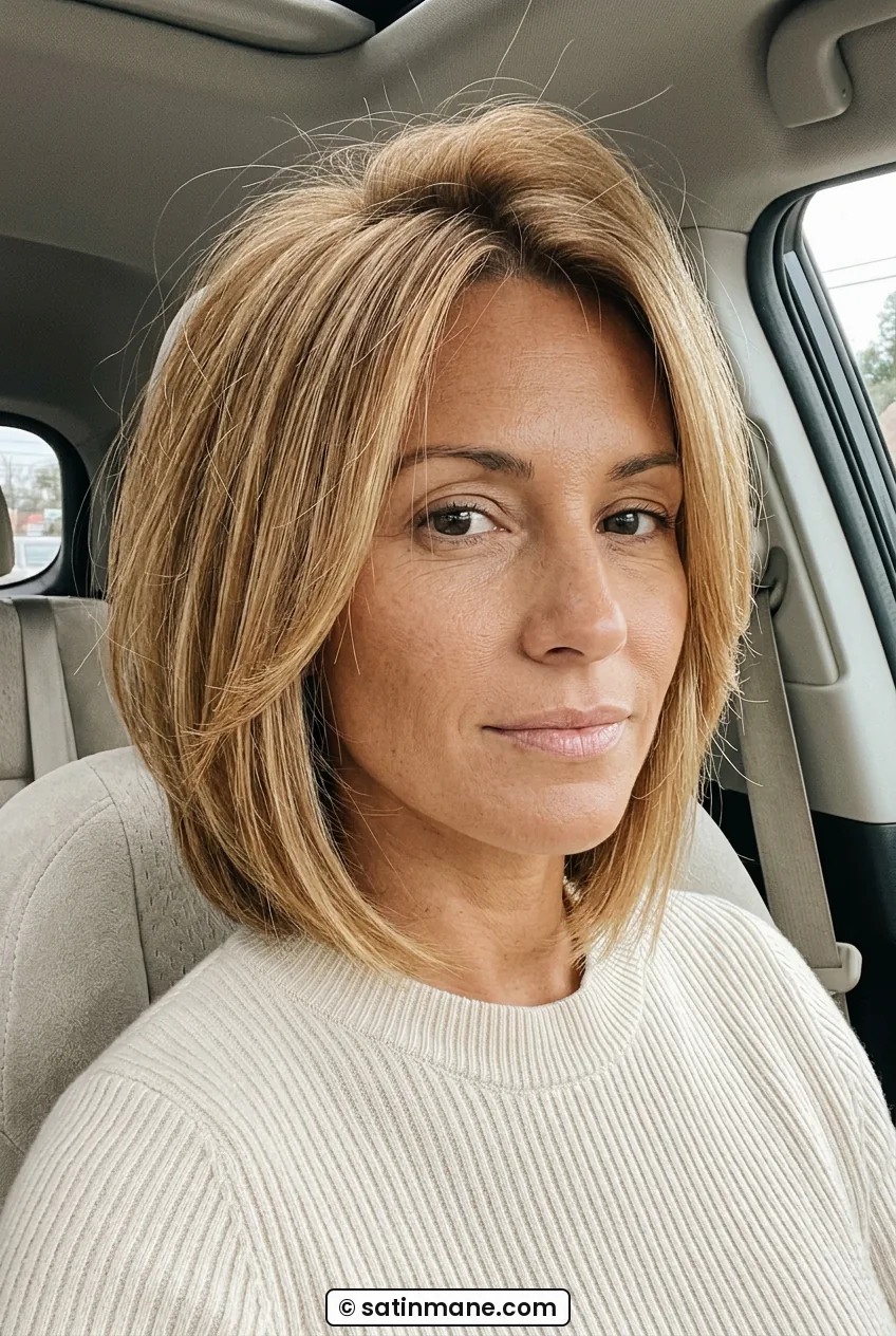 Woman with stacked ear-grazing bob with volume at crown in daylight
