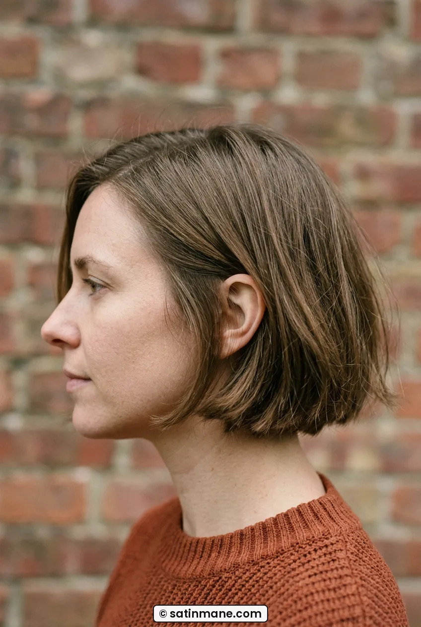 Woman in side profile showing chin-skimming bob with blunt ends against brick wall