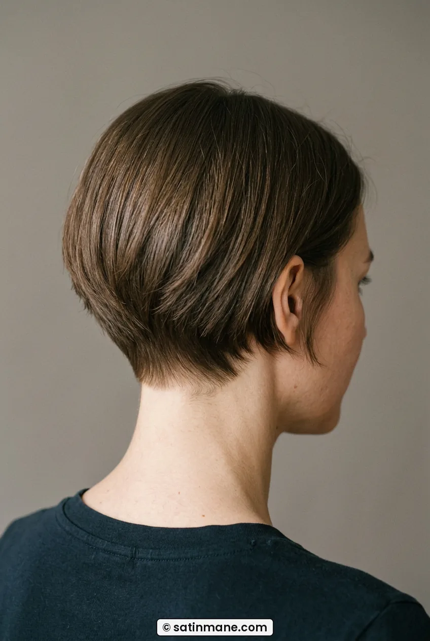 Woman seen from back angle showing tapered short bob at the nape