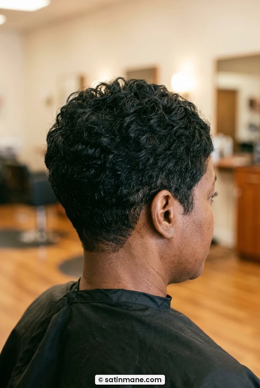 Woman with thick tapered pixie showing clean short nape from side back angle