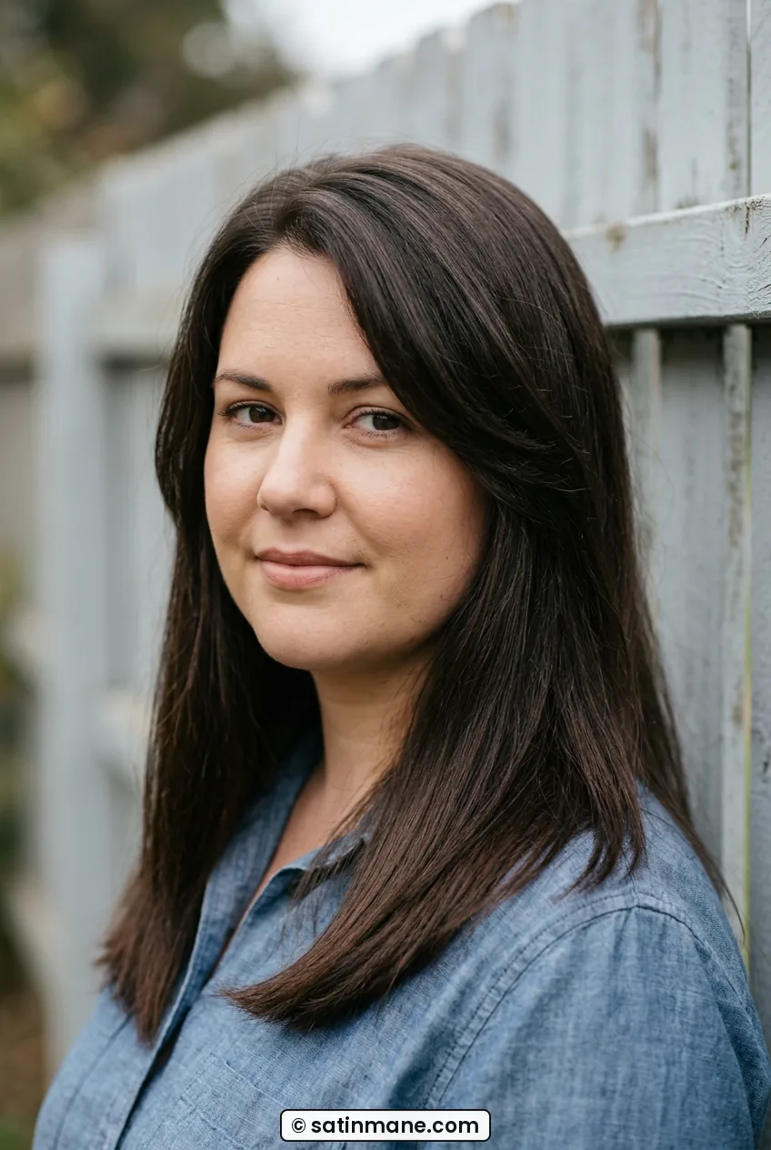 Woman with side part and temple lift wearing long straight medium brown hair outdoors