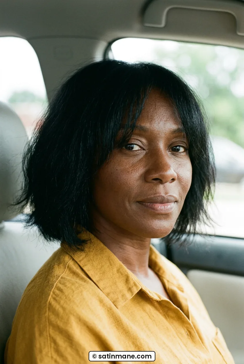 Woman with textured short bob and wispy fringe sitting in car daylight