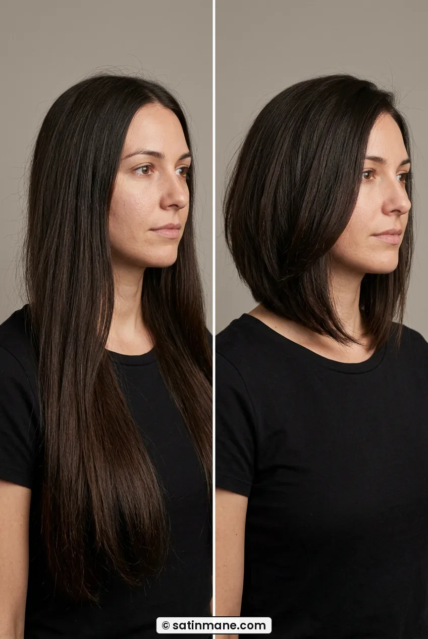 Woman with thick A-line lob in side profile showing tapered nape and smooth top
