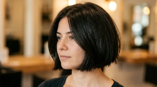 Woman with thick short chin length bob styled close to head in warm salon