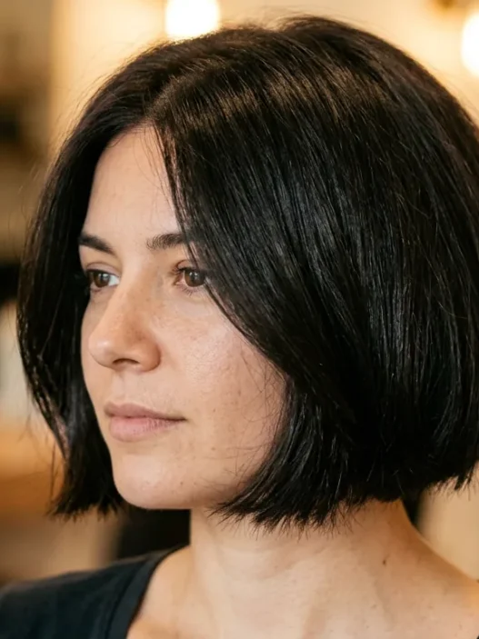 Woman with thick short chin length bob styled close to head in warm salon