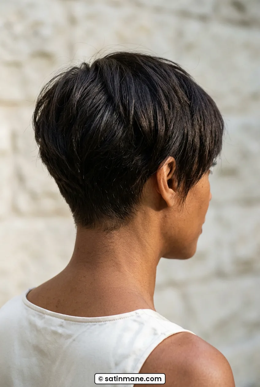 Woman with dark undercut pixie showing top layer covering the tapered under nape